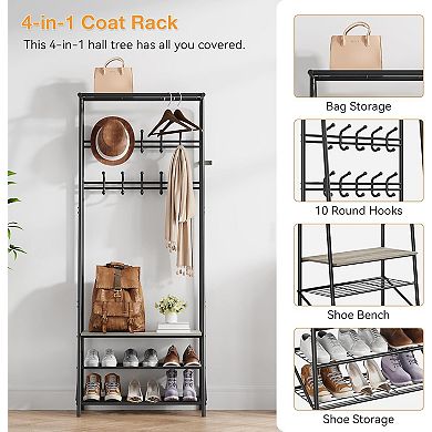 4-in-1 Entryway Hall Tree with Coat Rack, Sturdy Metal Frame & Storage