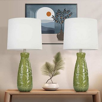 2 Pack Embossed Leaves Modern Ceramic Table Lamps