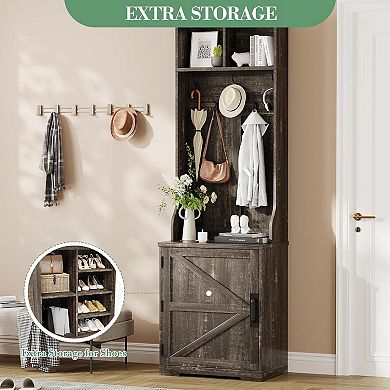 23.6" Narrow Farmhouse Hall Tree with Bench, 5 Hooks, 2 Cubbies & Barn Door Cabinet