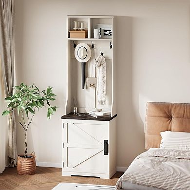 23.6" Narrow Farmhouse Hall Tree with Bench, 5 Hooks, 2 Cubbies & Barn Door Cabinet