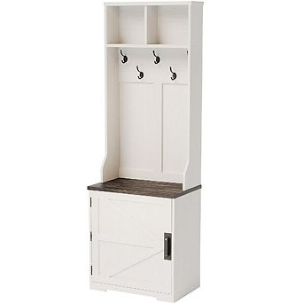 23.6" Narrow Farmhouse Hall Tree with Bench, 5 Hooks, 2 Cubbies & Barn Door Cabinet