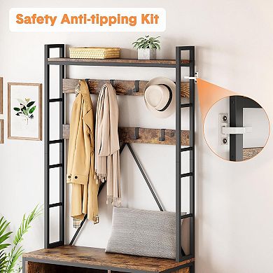 5-in-1 Hall Tree Bench with Removable Hooks & Top Shelf, Freestanding Entryway Organizer (36.41"L)