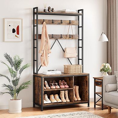 5-in-1 Hall Tree Bench with Removable Hooks & Top Shelf, Freestanding Entryway Organizer (36.41"L)