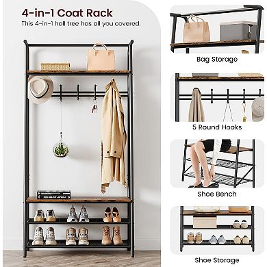 4-in-1 MDF Hall Tree Bench with Coat Rack & Shoe Storage for Entryway