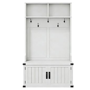 Farmhouse Hall Tree Bench with 5 Tri-Hooks, Shoe Storage & Adjustable Shelf