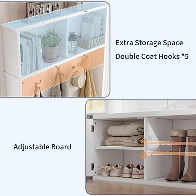 Farmhouse Hall Tree Bench with 5 Tri-Hooks, Shoe Storage & Adjustable Shelf