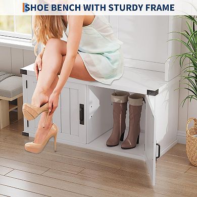 Farmhouse Hall Tree Bench with 5 Tri-Hooks, Shoe Storage & Adjustable Shelf