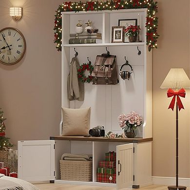 Farmhouse Hall Tree Bench with 5 Tri-Hooks, Shoe Storage & Adjustable Shelf