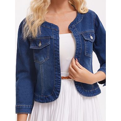 Women's Denim Jacket Collarless Cardigan 3/4 Sleeve Jean Jackets