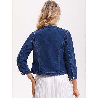 Women's Denim Jacket Collarless Cardigan 3/4 Sleeve Jean Jackets