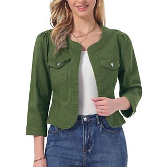Women's Denim Jacket Collarless Cardigan 3/4 Sleeve Jean Jackets