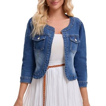 Women's Denim Jacket Collarless Cardigan 3/4 Sleeve Jean Jackets