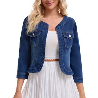 Women's Denim Jacket Collarless Cardigan 3/4 Sleeve Jean Jackets
