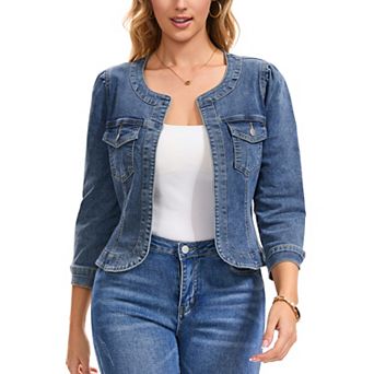 Women's Denim Jacket Collarless Cardigan 3/4 Sleeve Jean Jackets