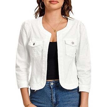 Women's Denim Jacket Collarless Cardigan 3/4 Sleeve Jean Jackets