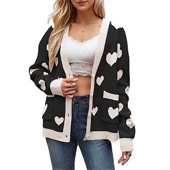 Women's Hollow Knit Cardigan Lantern Sleeve Mid-Length Open Front Casual Outerwear