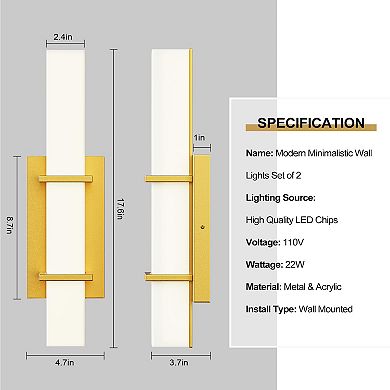 Set of 2 Dimmable LED Wall Sconces