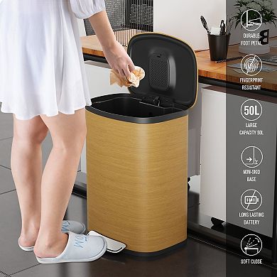 50L Soft-Close Step Trash Can ,Steel Curved Design with Wood Texture & 30 Trash Can Stainless
