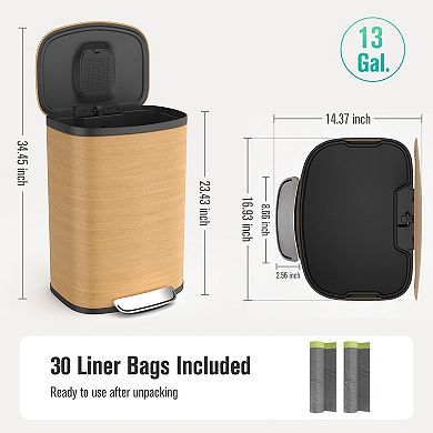 50L Soft-Close Step Trash Can ,Steel Curved Design with Wood Texture & 30 Trash Can Stainless