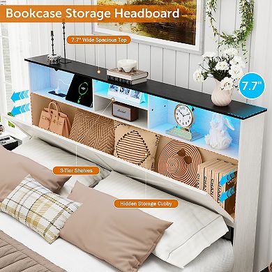 Farmhouse Bed Frame with Storage Headboard, 2 Drawers, USB Charging & RGB LED Lights