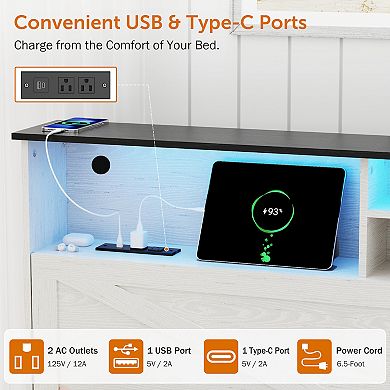 Farmhouse Bed Frame with Storage Headboard, 2 Drawers, USB Charging & RGB LED Lights