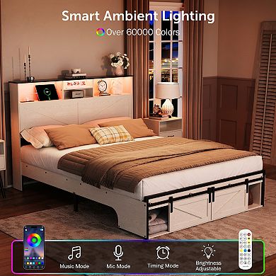 Farmhouse Bed Frame with Storage Headboard, 2 Drawers, USB Charging & RGB LED Lights