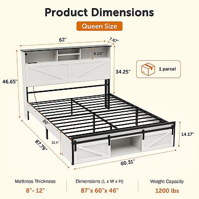 Farmhouse Bed Frame with Storage Headboard, 2 Drawers, USB Charging & RGB LED Lights