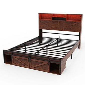 Farmhouse Bed Frame with Storage Headboard, 2 Drawers, USB Charging & RGB LED Lights