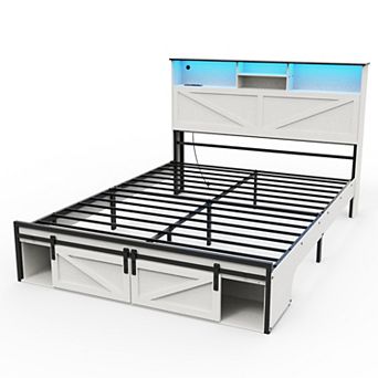 Farmhouse Bed Frame with Storage Headboard, 2 Drawers, USB Charging & RGB LED Lights