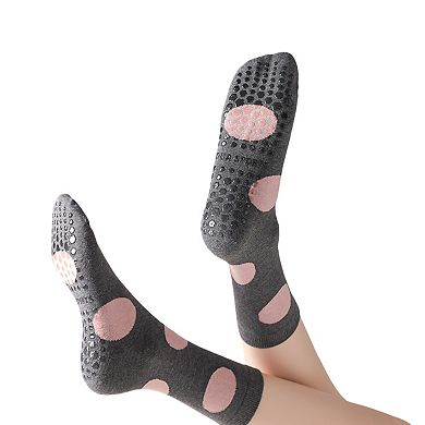 2 Pairs Womens Polka Dot Cotton Crew Socks with Non Slip Grip Sole