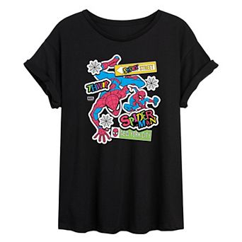Juniors' Marvel Spider-Man Stickers Oversized Tee