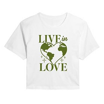 Juniors' Live In Love Heart Shaped Earth Cropped Tee