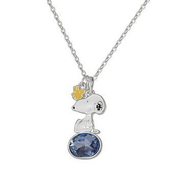 Snoopy & Woodstock Silver Tone Blue Crystal Pendant Necklace