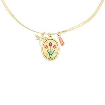 Isla & Alex 14k Gold Flash Plated Cubic Zirconia Love Tulip & Dragonfly Pendant Necklace