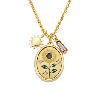Isla & Alex 14k Gold Flash Plated Cubic Zirconia Sunflower & Charm Pendant Necklace