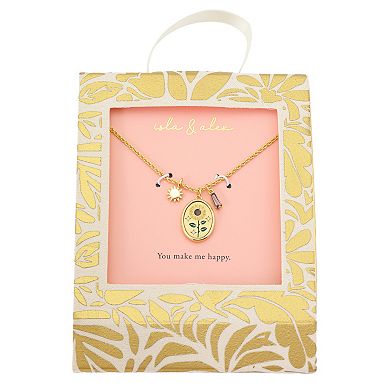 Isla & Alex 14k Gold Flash Plated Cubic Zirconia Sunflower & Charm Pendant Necklace