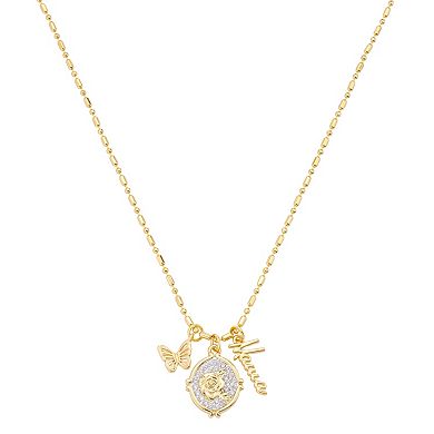 Isla & Alex Two-Tone Cubic Zirconia "Mama" & Butterfly Charm Pendant Necklace