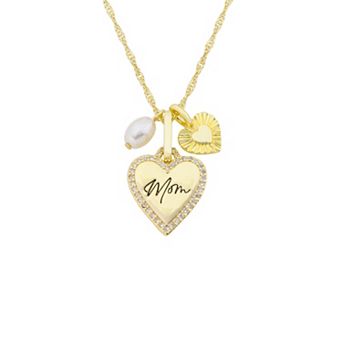 Isla & Alex 14k Gold-Plated CZ "Mom" Heart & Faux Pearl Pendant Necklace