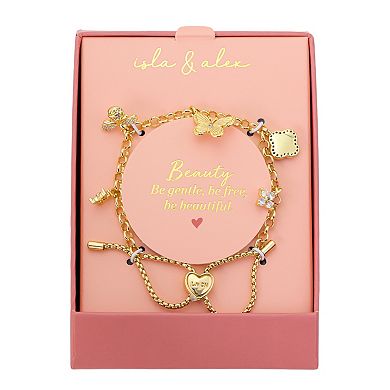 Isla & Alex 14k Gold Flash Plated Butterfly, Bee, and Clover Bolo Charm Bracelet