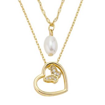 Isla & Alex 14k Gold Flash Plated Mother-of-Pearl Heart & Simulated Pearl Pendant Necklace Set