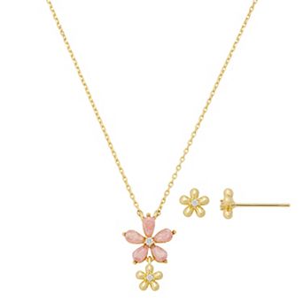 Isla & Alex 14k Gold Flash Plated Cubic Zirconia Flower Pendant Necklace & Earring Set