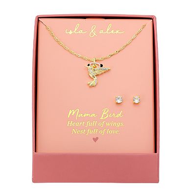 Isla & Alex 14k Gold Flash Plated Cubic Zirconia Hummingbird Necklace & Earrings Set