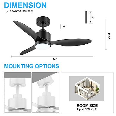 42" Modern Fan, 3-Color Light, 3-Blade, Remote, 6 Speeds, Timer, Reversible DC Motor