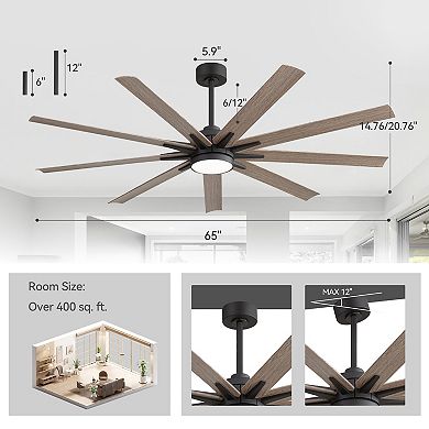 65-Inch Integrated LED Large Ceiling Fan with Light, 9 Walnut Blades, Remote Control, Quiet DC Motor