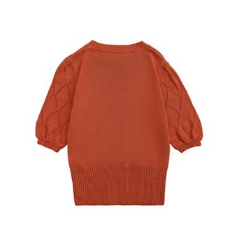 Girls Puff Short Sleeve Knit Sweaters Crewneck Pullover Sweater Kids Cute Fall Blouse Tops