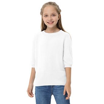 Girls Puff Short Sleeve Knit Sweaters Crewneck Pullover Sweater Kids Cute Fall Blouse Tops