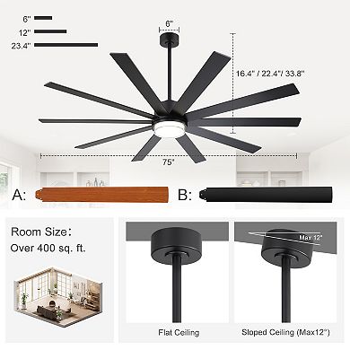 75-In Color-Changing Integrated LED Ceiling Fan with Light, 10-Blade, Remote Control, Quiet DC Motor