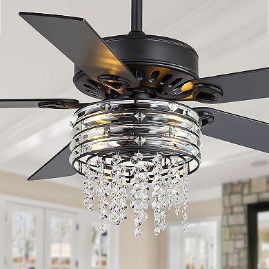 52-In Ceiling Fan with Light, 5 Reversible Blades, Crystal Chandelier, DC Motor, Remote, 2 Downrods
