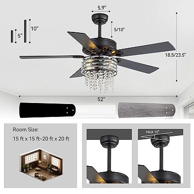 52-In Ceiling Fan with Light, 5 Reversible Blades, Crystal Chandelier, DC Motor, Remote, 2 Downrods