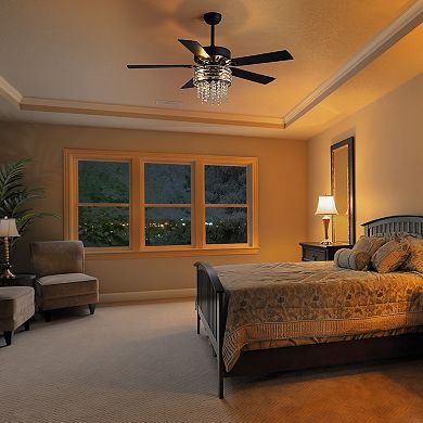 52-In Ceiling Fan with Light, 5 Reversible Blades, Crystal Chandelier, DC Motor, Remote, 2 Downrods